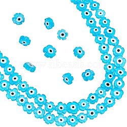 Nbeads 2 Strands Handmade Lampwork Beads Strands, Flower with Evil Eye, Deep Sky Blue, 7~9x7~9x3mm, Hole: 0.8mm, about 50~52pcs/strand, 14.57 inch~15.35 inch(37~39cm)(LAMP-NB0001-66B-04)