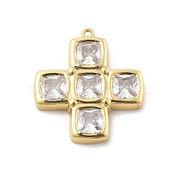 Brass Micro Pave Clear Cubic Zirconia Pendants, Cross Charms, Rack Plating, Long-Lasting Plated, Lead Free & Cadmium Free, Real 18K Gold Plated, 24.5x22x3.5mm, Hole: 1.2mm(KK-L228-44B-G)