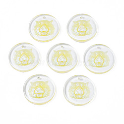 Transparent Resin Pendants, with Glitter Powder, Flat Round with Tiger Head, Champagne Yellow, 24.5x3.5mm, Hole: 1.4mm(RESI-N030-007A)