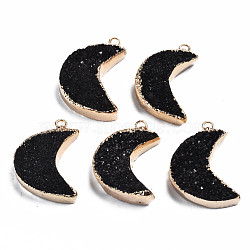 Natural Druzy Agate Pendants, Dyed, with Golden Plated Brass Edge and Loop, Moon, Black, 28~31.5x21~22.5x7.5~10.5mm, Hole: 2mm(G-Q998-037F)