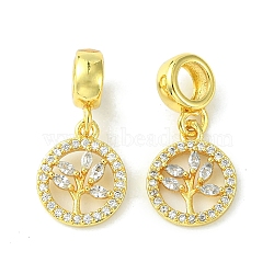 Rack Plating Brass Micro Pave Cubic Zirconia European Dangle Charms, Flat Round with Tree Large Hole Pendants, Long-Lasting Plated, Lead Free & Cadmium Free, Real 18K Gold Plated, 24mm, Pendant: 14.2x12x3mm,, Hole: 5mm(KK-K330-44G)