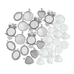 DIY Blank Tibetan Style Alloy Pendant Making Kit, Owl & Heart & Flat Round & Oval, Antique Silver, Cabochon Settings: Tray: 23~30x22~30mm, 35~54x27~35x2~3mm, Hole: 2~4x2~7mm(DIY-FS0005-79)