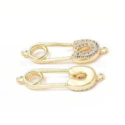 Eco-Friendly Rack Plating Brass Micro Pave Clear Cubic Zirconia Connector Charms, Safety Pins Links, Long-Lasting Plated, Lead Free & Cadmium Free, Real 18K Gold Plated, 25.5x8x3mm, Hole: 1.2mm(KK-F845-05G)