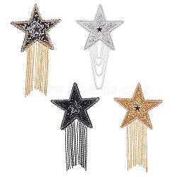 Sparkling Rhinestone Iron on Patches, Appliques, with Iron Ball Chain Tassels, Costume Accessories, for Clothes, Bag, Pants, Shoes, Cellphone Case, Star, Mixed Color, 148x87x2mm, 4colors, 1pc/color, 4pcs/box(DIY-FG0001-39)