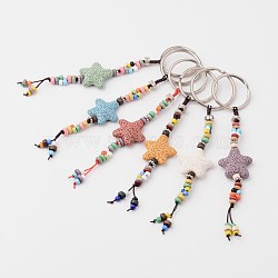 Star Natural Lava Rock Beads Keychain, with Iron Ring and Alloy Findings, Mixed Color, 145mm(KEYC-O011-09)