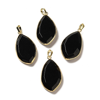 Glass Pendants, with Golden Rack Plating Brass Findings, Oval Charms, Black, 36~36.5x19.5~20x6~6.5mm, Hole: 6.5x3.5mm