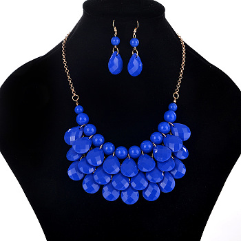 Fashionable Beach Style Acrylic Teardrop Dangle Earrings & Bib Necklaces Sets, Alloy Jewelry Sets, Blue, 460mm