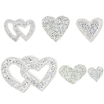 6Pcs 6 Style Heart Glitter Hotfix Rhinestone, Iron on Patches, Dress Shoes Garment Decoration, Crystal, 35~70x35~90x2~2.5mm, 1pc/style