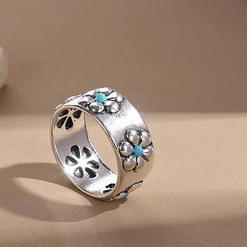 Retro Alloy and Turquoise Finger Rings, Ring & Flower, Antique Silver, US Size 6(16.5mm)