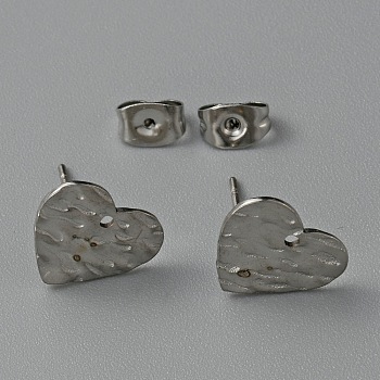 304 Stainless Steel Textured Geometry Stud Earring Findings with Hole, Stainless Steel Color, Heart, 11x12mm, Hole: 1mm, Pin: 0.6mm