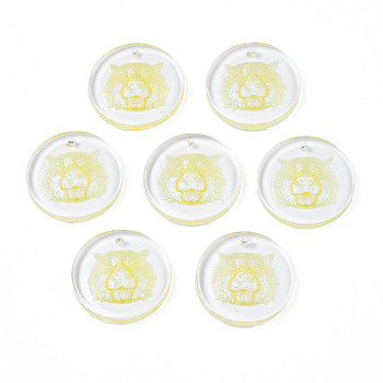 Transparent Resin Pendants, with Glitter Powder, Flat Round with Tiger Head, Champagne Yellow, 24.5x3.5mm, Hole: 1.4mm