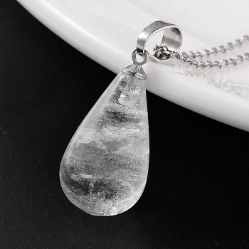 Teardrop Platinum Tone Brass Quartz Crystal Pendants, Rock Crystal, 24~26x13mm, Hole: 5x8mm