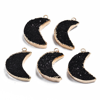 Natural Druzy Agate Pendants, Dyed, with Golden Plated Brass Edge and Loop, Moon, Black, 28~31.5x21~22.5x7.5~10.5mm, Hole: 2mm