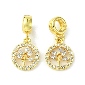 Rack Plating Brass Micro Pave Cubic Zirconia European Dangle Charms, Flat Round with Tree Large Hole Pendants, Long-Lasting Plated, Lead Free & Cadmium Free, Real 18K Gold Plated, 24mm, Pendant: 14.2x12x3mm,, Hole: 5mm