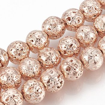 Electroplated Natural Lava Rock Beads Strands, Round, Bumpy, Rose Gold Plated, 10~11mm, Hole: 1mm, about 38pcs/strand, 15.7 inch