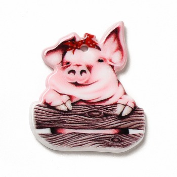 Cartoon Printed Acrylic Pendants, Pig, 32x28x2.5mm, Hole: 1.8mm