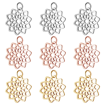 12Pcs 3 Colors 304 Stainless Steel Pendants, Flower, Mixed Color, 16.5x16x1mm, Hole: 3mm, 4pcs/color