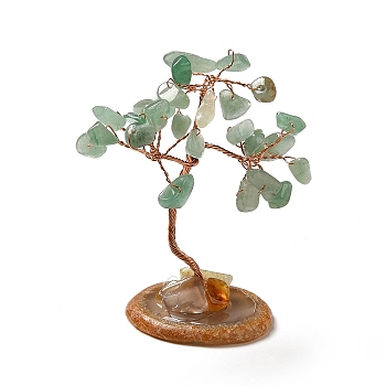 Natural Green Aventurine Chips Tree Display Decorations, Copper Wire Wrapped Feng Shui Ornament, 35~39x39~48x59~80mm