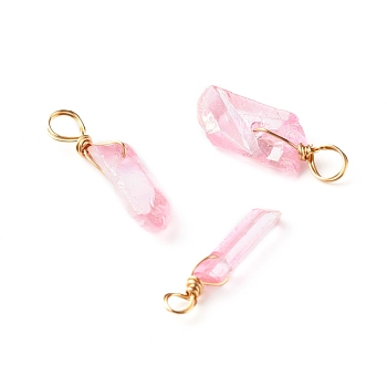 Electroplated Natural Quartz Pendants, with Real 18K Gold Plated Eco-Friendly Copper Wire, Chip, Pink, 17~44x3.5~8x3~4mm, Hole: 2~4mm