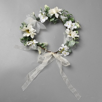 Cloth Artificial Flower Garland Headbands, Plastic Flower Crown Headbands for Women Girls, White, 1350mm