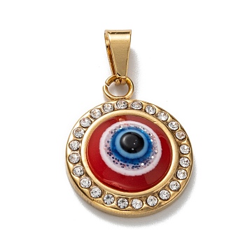 304 Stainless Steel Resin Pendants, with Rhinestone, Flat Round with Eye, Golden, 22x18x5.5mm, Hole: 4x7mm