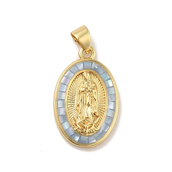 Brass Charms, with Shell, Cadmium Free & Lead Free, Long-Lasting Plated, Oval with Saint, Real 18K Gold Plated, Light Steel Blue, 22.5x14x3.5mm, Hole: 3.5x3mm