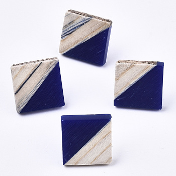 Opaque Resin & Wood Stud Earrings, with 304 Stainless Steel Pin, Rhombus, Midnight Blue, 17x18mm, Pin: 0.7mm