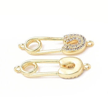 Eco-Friendly Rack Plating Brass Micro Pave Clear Cubic Zirconia Connector Charms, Safety Pins Links, Long-Lasting Plated, Lead Free & Cadmium Free, Real 18K Gold Plated, 25.5x8x3mm, Hole: 1.2mm