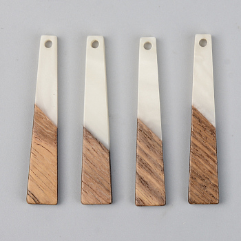Opaque Resin & Walnut Wood Pendants, Trapezoid, Floral White, 44.5x8x3mm, Hole: 2mm
