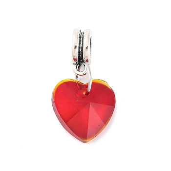 Large Hole Alloy European Dangle Charms, with Electroplated Glass Heart Pendants, Antique Silver, Red, 25mm, Hole: 5mm