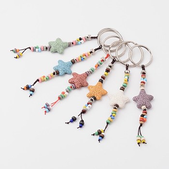 Star Natural Lava Rock Beads Keychain, with Iron Ring and Alloy Findings, Mixed Color, 145mm