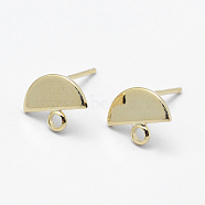 Brass Stud Earring Findings, with Loop and Flat Plate, Steel Pins, Long-Lasting Plated, Nickel Free, Real 18K Gold Plated, Semicircle, 8x10x1mm, Hole: 1.5mm, Pin: 0.8mm(KK-F728-32G)