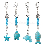4Pcs Synthetic Turquoise Pendant Decorations, with Alloy Charms and Zinc Alloy Lobster Claw Clasps, Turquoise, 75~82mm, 4pcs/set(HJEW-MZ00048)