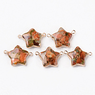 Synthetic Gold Line Regalite/Imperial Jasper/Sea Sediment Jasper Links Connectors, with Light Gold Plated Brass Edge, Dyed, Star, Light Salmon, 18~19x25~27x6~7mm, Hole: 1.5~1.8mm(G-N330-011E)