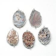 Natural Druzy Agate Links connectors, with Brass Findings, Dyed, Oval, Platinum, 44~50x26~31x7~14mm, Hole: 1.5mm(G-Q494-13)