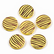 Painted Natural Wood Beads, Laser Engraved Pattern, Flat Round with Zebra-Stripe, Yellow, 20x5mm, Hole: 1.5mm(WOOD-T021-50B-07)