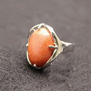 Oval Synthetic Goldstone Adjustable Ring, Platinum Alloy Jewelry for Women, Inner Diameter: 18mm(FIND-PW0021-05K)