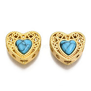4-Hole Synthetic Turquoise Beads, Dyed, with Brass Findings, Hollow, Heart, Matte Gold Color, Sky Blue, 10x11.5x6mm, Hole: 2mm(KK-S310-35A)