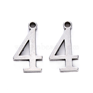 201 Stainless Steel Charms, Number, Laser Cut, Stainless Steel Color, Num.4, 15x8x1.5mm, Hole: 1.5mm(STAS-R108-04)