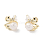 Natural Pearl Swan Stud Earrings, Brass Micro Pave Cubic Zirconia Earrings with 925 Sterling Silver Pins, Real 14K Gold Plated, 12.5x10.5mm(EJEW-P256-66G)