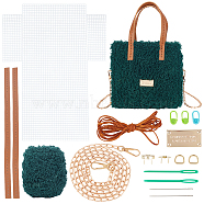 DIY Knitting Crochet Bags Kits, Including Yarn, Mesh Plastic Canvas Sheets, Bag Handles, Bag Strap Chains, Knitting Needles, Thread, Magnetic Clasp, Labels, D Ring, Dark Green(DIY-WH0449-63B)