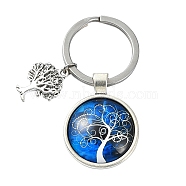 Alloy Glass Keychains, with 304 Stainless Steel Keychain Clasps, Flat Round, Royal Blue, 6.2cm(KEYC-YW00008-10)