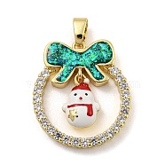 Christmas Brass Micro Pave Cubic Zirconia Pendant, with Enamel and Synthetic Opal, Christmas Wreath, Dark Cyan, 25.5x22.5x5mm, Hole: 5x3mm(KK-H468-01F-01G)