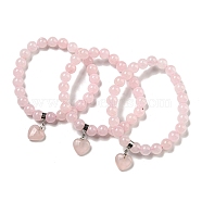 8.5mm Round Natural Rose Quartz Beaded Stretch Bracelets, Heart Charm Bracelets with Brass Bails for Women, Inner Diameter: 2-1/8 inch(5.5cm)(BJEW-C074-01L)