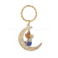 Natural Gemstone Chips & Alloy Moon Pendant Keychain, with Iron Keychain Clasp, 6.9cm(KEYC-JKC00442)