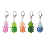 5Pcs 5 Colors Tortoise Resin Pendant Decorations, with Alloy Lobster Claw Clasps Charm, for Keychain, Purse, Backpack Ornament, Mixed Color, 45mm(HJEW-JM00864)