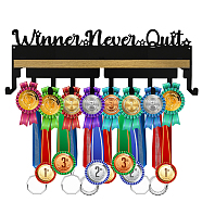 Iron Medal Holder, with Wood Board, Medal Holder Frame, Winner Never Quit, Word, Medal Holder: 367x107x1.5mm, Wood Board: 348x80mm(AJEW-WH0508-005)