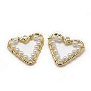ABS Plastic Imitation Pearl Pendants, with Brass Findings, Heart, Real 18K Gold Plated, 20x22.5x3mm, Hole: 1mm(KK-T032-083G)