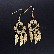 201 Stainless Steel Chandelier Earrings, Woven Net/Web with Feather, Golden, 68x20mm, Pin: 0.7mm(STAS-S105-JN356-2)