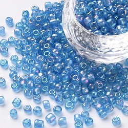 6/0 Round Glass Seed Beads, Transparent Colours Rainbow, Round Hole, Aqua, 6/0, 4mm, Hole: 1.5mm, about 500pcs/50g, 50g/bag, 18bags/2pounds(SEED-US0003-4mm-163)
